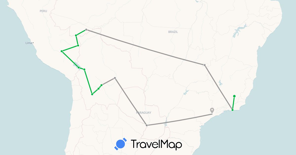 TravelMap itinerary: driving, bus, plane in Bolivia, Brazil, Peru, Paraguay (South America)